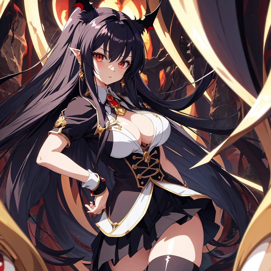 Masterpiece, Best Quality, high resolucion, focusing, Anime style, Close-up of a female cartoon, Girl design, anime image, Long hair, look hair, Hair covering the ears, Stylish and powerful appearance, exotic, cheerful, High-end clothing, in a dark cave, Monster bat girl wearing a skirt, Dark hair color