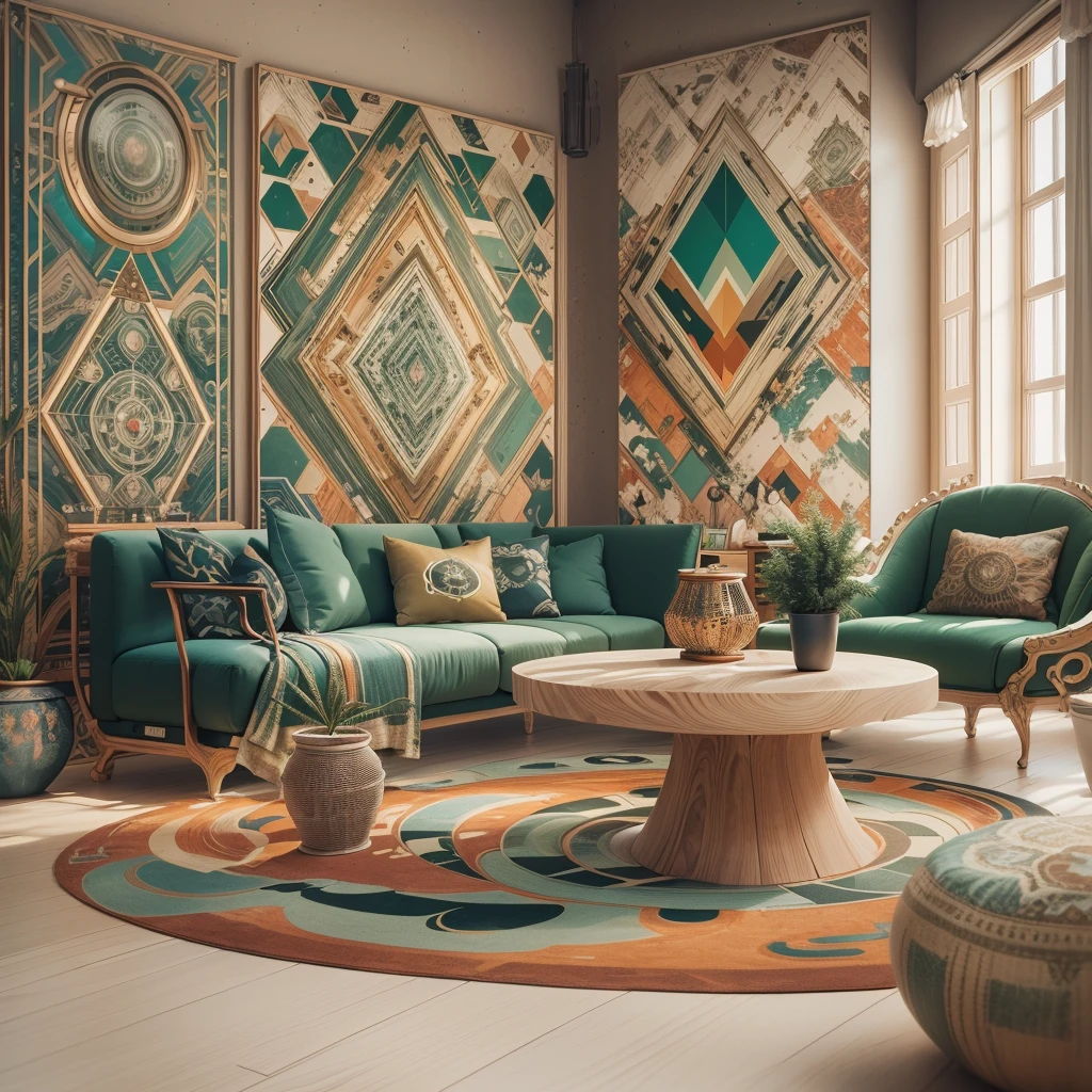 tribal style，Utopian，afofuturism，Postmodern，Spacious lounge style office photos，Inside the room，cozy environment，Modern furniture，sofe，Stylish design，Maximalism，natural  lightting，vivd colour，tribal pattern，Abstract artwork，floor to ceiling window，in a panoramic view，Ergonomic chair，clean linework，Comfortable seating，Plants and greenery，textured walls、Mosaic floor、contemporary art installation、tribal sculpture、organic shapes、Creative atmosphere、State-of-the-art technology、relaxing atmosphere、Inspirational quotes on the wall、A space full of art，tranquil ambiance。(Best quality at best,4K,8K,A high resolution,tmasterpiece:1.2),ultra - detailed,(actual,realisticlying,Photorealistic:1.37)。