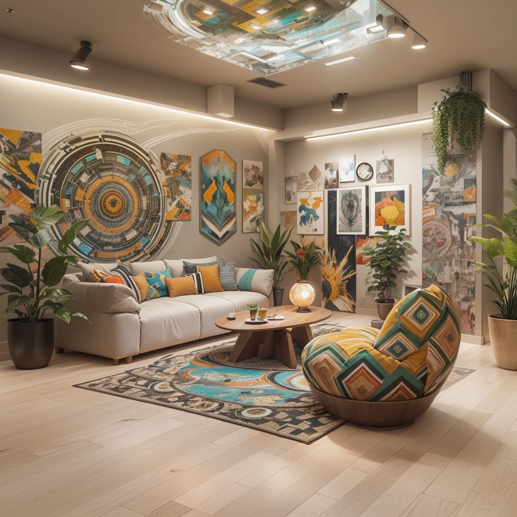 tribal style,Utopian,afofuturism,Postmodern,Spacious lounge style office photos,Inside the room,cozy environment,Modern furniture,sofe,Stylish design,Maximalism,natural lightting,vivd colour,tribal pattern,Abstract artwork,floor to ceiling window,in a panoramic view,Ergonomic chair,clean linework,Comfortable seating,Plants and greenery,textured walls、Mosaic floor、contemporary art installation、tribal sculpture、organic shapes、Creative atmosphere、State-of-the-art technology、relaxing atmosphere、Inspirational quotes on the wall、A space full of art,tranquil ambiance。(Best quality at best,4K,8K,A high resolution,tmasterpiece:1.2),ultra - detailed,(actual,realisticlying,Photorealistic:1.37)。