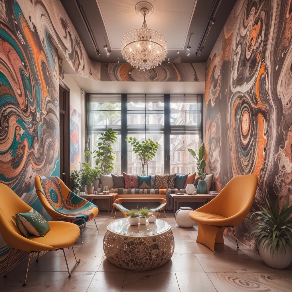 tribal style,Utopian,afofuturism,Postmodern,Spacious lounge style office photos,Inside the room,cozy environment,Modern furniture,sofe,Stylish design,Maximalism,natural lightting,vivd colour,tribal pattern,Abstract artwork,floor to ceiling window,in a panoramic view,Ergonomic chair,clean linework,Comfortable seating,Plants and greenery,textured walls、Mosaic floor、contemporary art installation、tribal sculpture、organic shapes、Creative atmosphere、State-of-the-art technology、relaxing atmosphere、Inspirational quotes on the wall、A space full of art,tranquil ambiance。(Best quality at best,4K,8K,A high resolution,tmasterpiece:1.2),ultra - detailed,(actual,realisticlying,Photorealistic:1.37)。