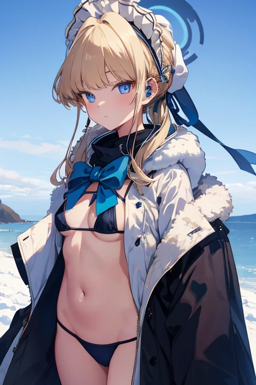 hit the bonfire,Shivering in the cold,Pale face,(masterpiece、top-quality:1.2), Winter coast, Front view,cowboy shot, 独奏, 1girl in,Maids, blonde hair, Maid headdress, blue eyess, blue bow,Black long coat, Micro Bikini,