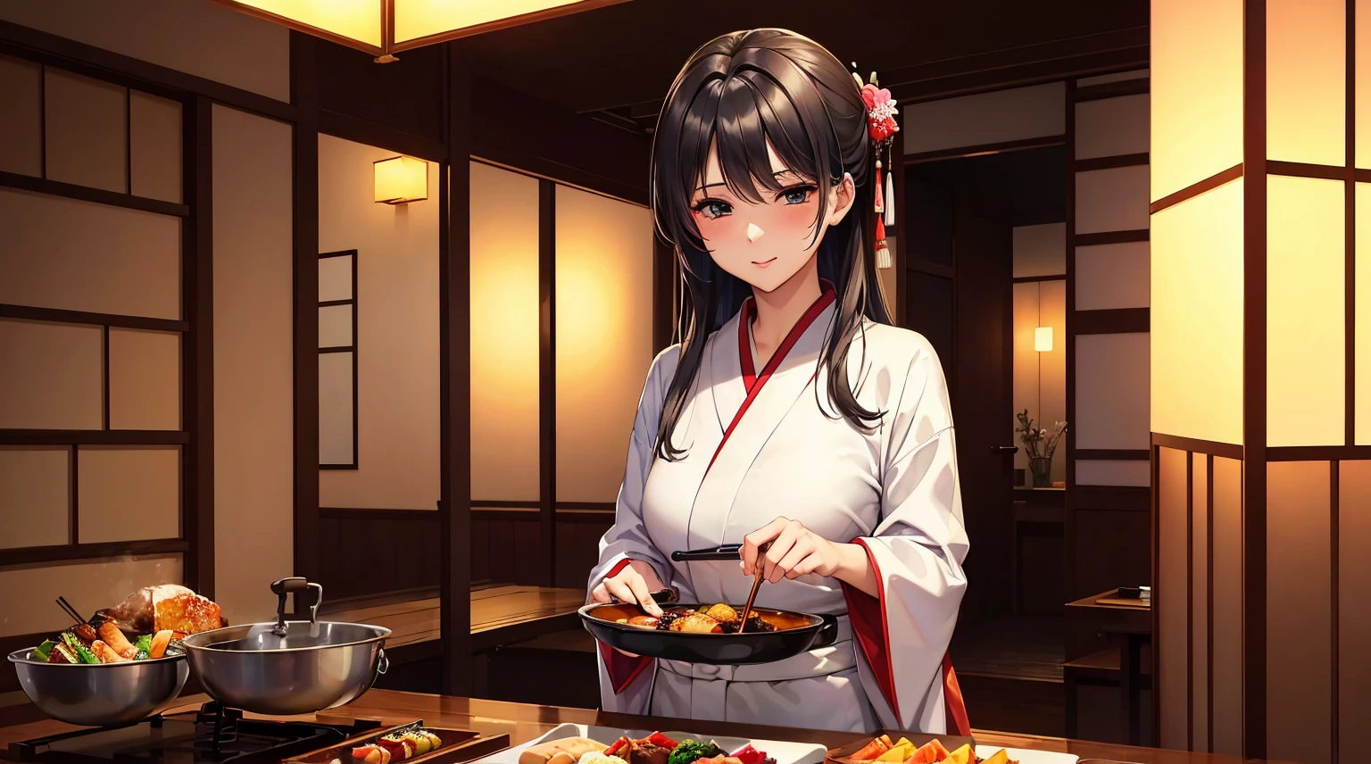 (top quality picture、masterpiece level、Ultra image quality)、Perfect beauty、Kappo kimono、Japanese restaurant、Cooking、kitchin、There is a charcoal fire、And food、