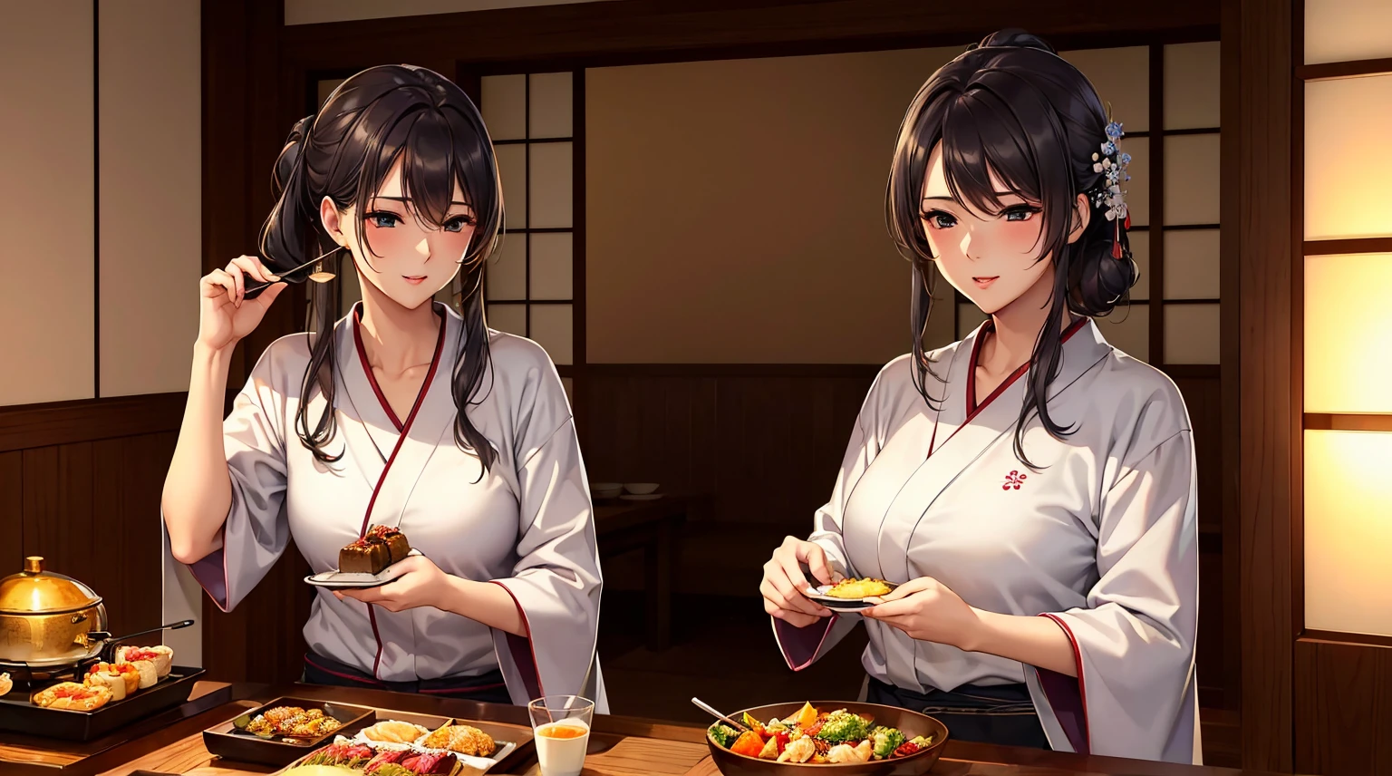 (top quality picture、masterpiece level、Ultra image quality)、Perfect beauty、Kappo kimono、Japanese restaurant、Cooking、kitchin、There is a charcoal fire、And food、