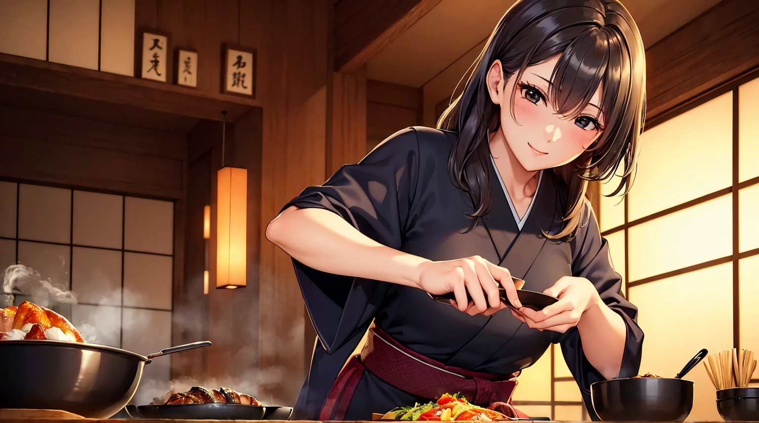 (top quality picture、masterpiece level、Ultra image quality)、Perfect beauty、Kappo kimono、Japanese restaurant、Cooking、kitchin、There is a charcoal fire、And food、