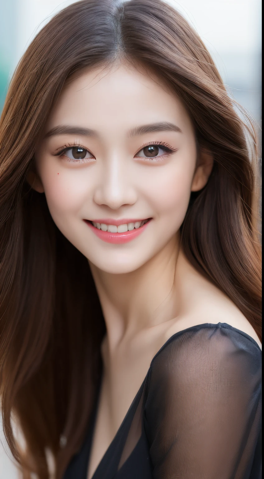 ((Best quality, 8k, Masterpiece :1.3)), 1girl, smiling, full body, slim face, Pretty woman, (Dark brown hair), full length dress :1.1, Ultra-detailed face, Detailed eyes, Double eyelid, blur background, slim face, city, outside, street,