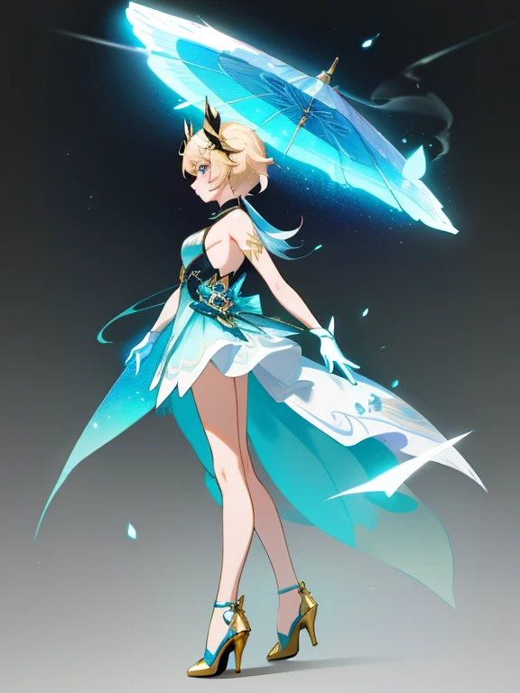 absurd res, high res, (masterpiece:1.4) character sheet, front side profile, genshin impact, genshin style, looking at viewer, standing, ultra-detailed, 1girl, accurate body limbs, full body, celestial, no dress, space, suit, window boob, heels, white and gold and light blues, turquois, abyss, gloves, crystals , blonde hair, blue eyes, smoky eyes, long unique style hair, tall, golden, hair accessories', gradient, simple background, tire eyes
