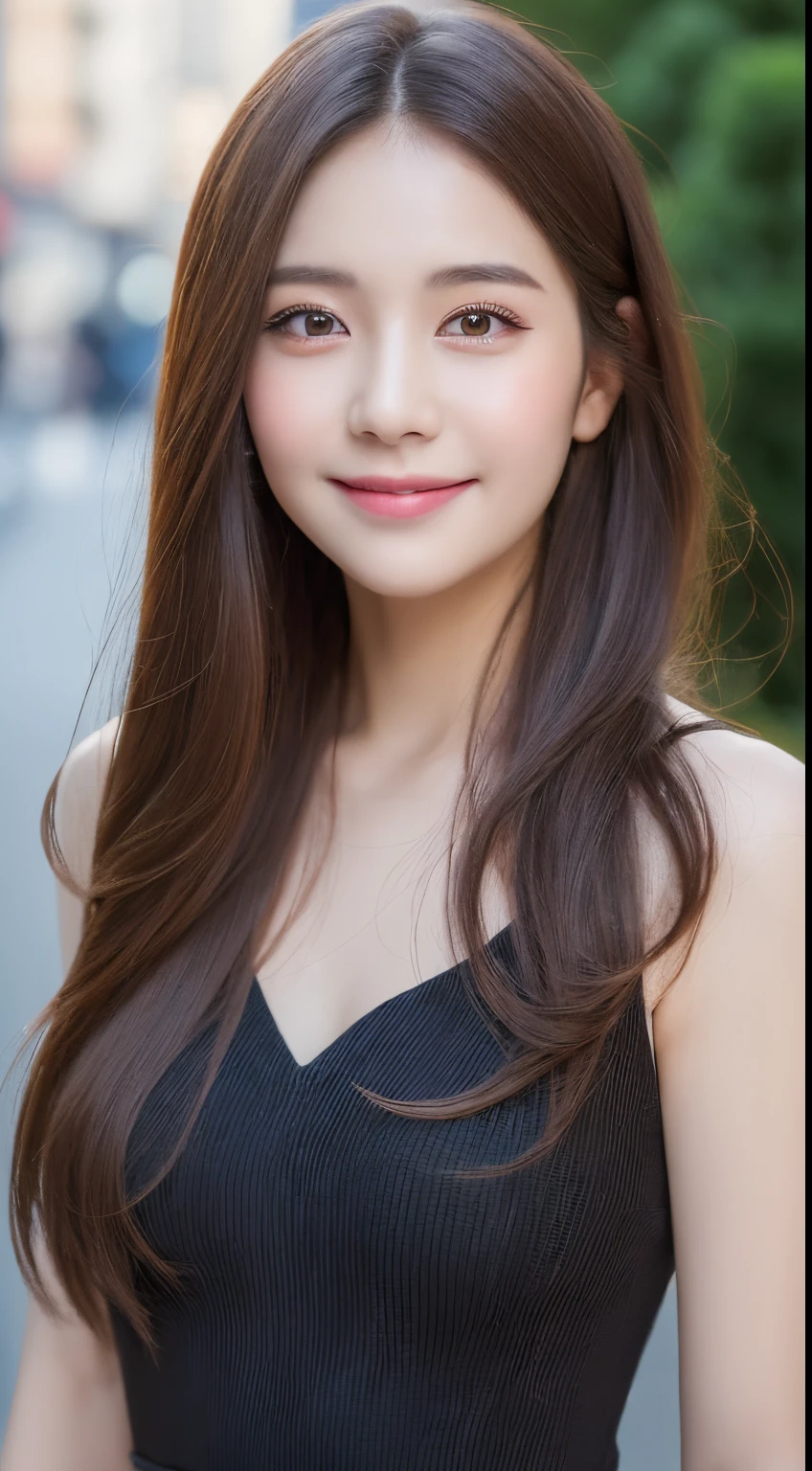 ((Best quality, 8k, Masterpiece :1.3)), 1girl, smiling, full body, slim face, Pretty woman, (Dark brown hair), full length dress :1.1, Ultra-detailed face, Detailed eyes, Double eyelid, blur background, slim face, city, outside, street,