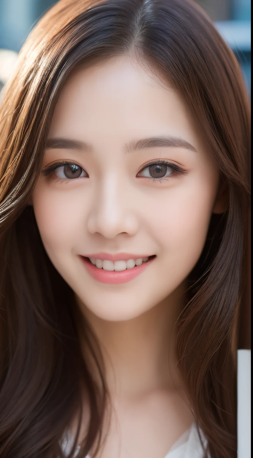 ((Best quality, 8k, Masterpiece :1.3)), 1girl, smiling, full body, slim face, Pretty woman, (Dark brown hair), full length dress :1.1, Ultra-detailed face, Detailed eyes, Double eyelid, blur background, slim face, city, outside, street,