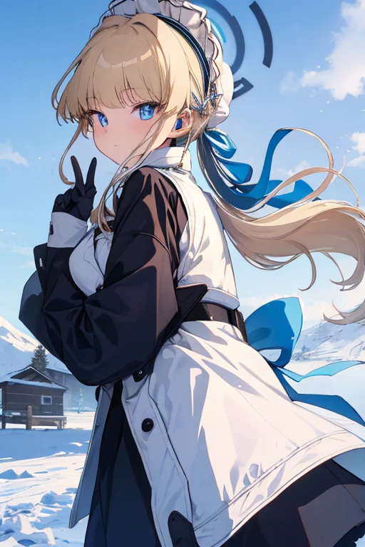 hit the bonfire,Shivering in the cold,Pale face,(​masterpiece、top-quality:1.2), Winter coast, Front view,cowboy  shot, 独奏, 1girl in,Maids, blonde  hair, Maid headdress, blue eyess, blue bow,Black long coat,