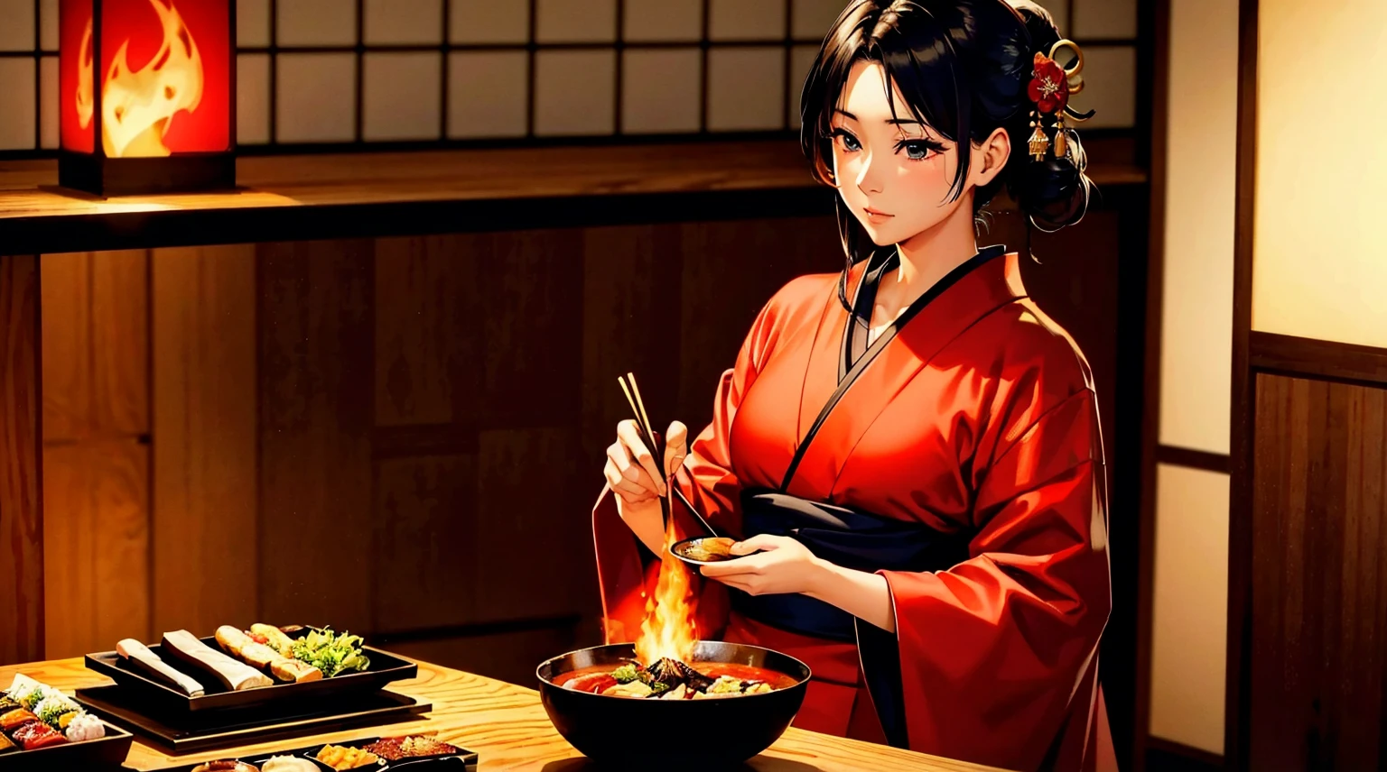 top-quality、​masterpiece、8K picture quality、Perfect beauty、Kappo kimono、Japanese restaurant、Cooking、kitchin、There is a charcoal fire、And food、japanese food、Japanese restaurant