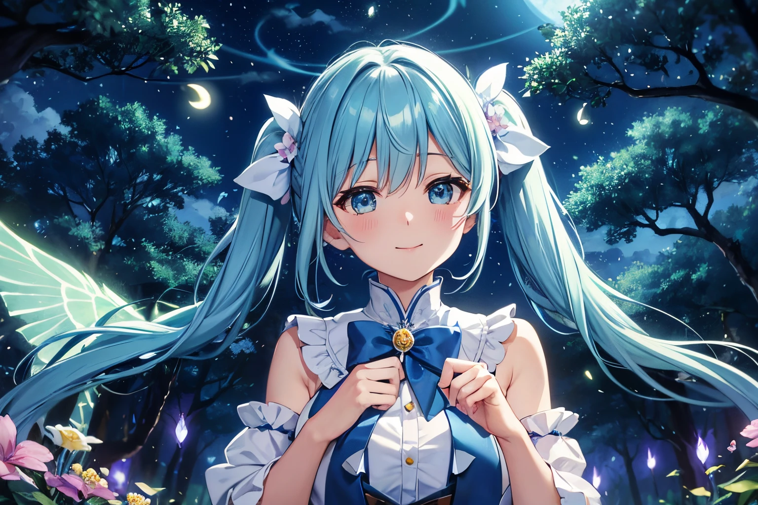 Dynamic Angle、 within a magical forest, a mystical fairy girl emerges, Light blue long hair、Hairstyle is Twintails、adorable smiling、Moonlight twinkle, flower bloom、A big pure white owl is flying、、The tree々While flapping its wings in the sparkling fireflies, Many beautiful flowers are blooming、fantastic landscape、A sky full of stars twinkles、 Creating a field where dreams and reality intersect,