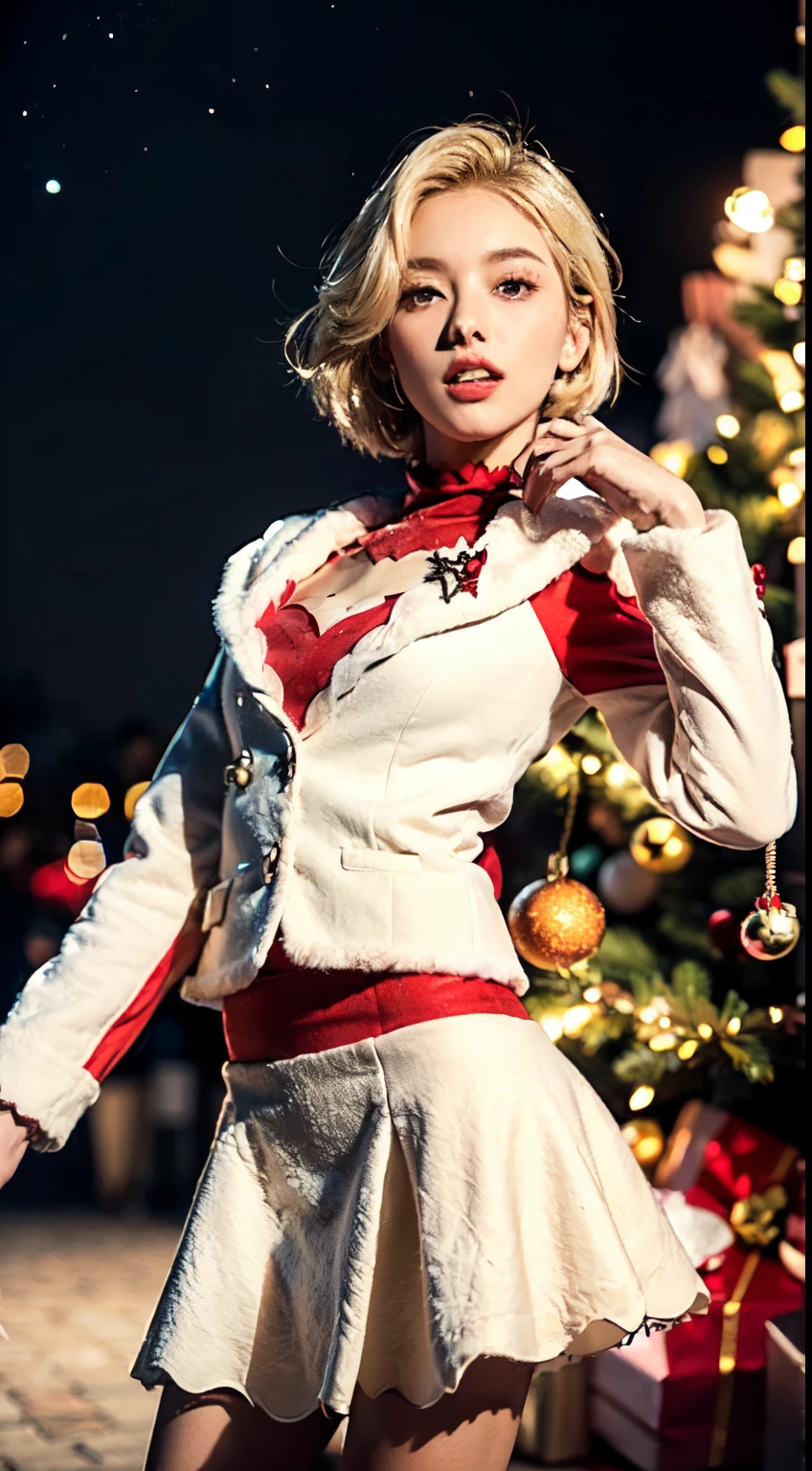 (Ultra-detailed eyes), (((textile shading))), (((Best Quality))), (((masutepiece))), (((Ultra-detailed CG))), Cheeky girl, (((magical little girl))), (Petite), (tiny chest), Blonde hair, Blonde hair, Blonde hair, pin emo, ((Short hair, Short hair, Gorgeous hair)), Pink eyes, (((Christmas Dresses, Red and white faux fur-trimmed carduroy jacket, Y2K, scalloped skirt))), ((striking a pose)), (((Game CG)) (Gorgeous, cocky, that girl), Fancy Jewelry, Sparkling sky, amsterdam light festival, Christmas atmosphere, lights christmas, Christmas tree, Strong atmosphere at the Amsterdam Light Festival, Cowboy Shot, mid-shot, Centered image, look to the camera, Night