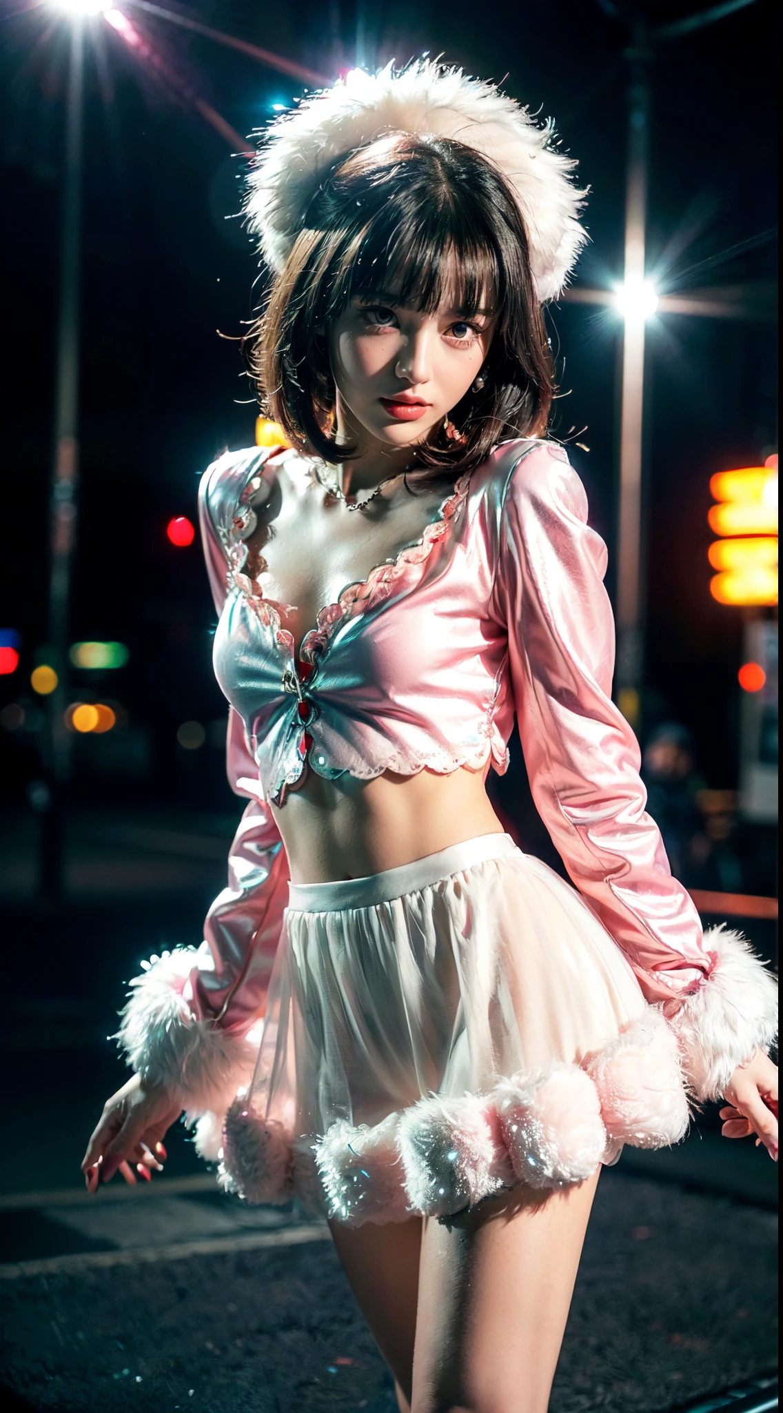 (Ultra-detailed eyes), (((textile shading))), (((Best Quality))), (((masutepiece))), (((Ultra-detailed CG))), sassy girl, (((magical little girl))), (Petite), (tiny chest), black hair, black hair, black hair, pin up emo, ((with bangs, with bangs, gorgeous hair)), Pink eyes, (((retro style, , black and pink faux fur trim carduroy jacket, y2k, scallop skirt))), ((striking a pose)), (((Game CG)) (gorgeous, sassy, it girl), fancy jewelry, full led on background, sparkling led on background, retro light, retro vibe, light retro led, magic disco light led, strong 80s atmosphere, cowboy shot, midshot, centered image, eye on camera