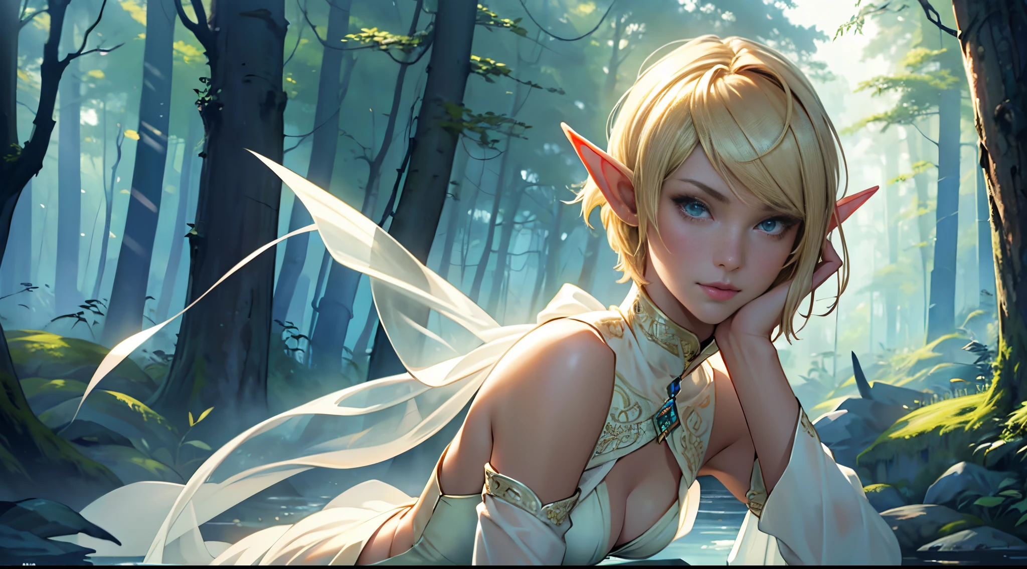 PC Wallpapers、(top-quality、​masterpiece：1.3）、masuter piece、A hyper-realistic、A detailed face、Elven Girl、blonde pixie cut、long pointed ears、slender and elegant body、Transparent skin、Excellent good looks、Elegant and confident look、Elegant and elegant look、ancient elf costume、Forest in harmony with nature、watercolor paiting、