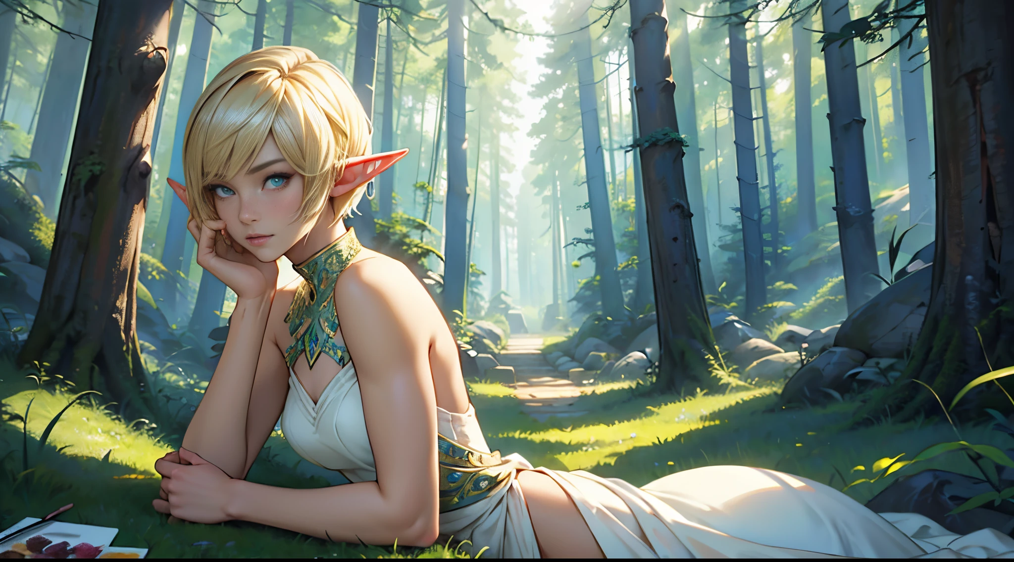 PC Wallpapers、(top-quality、​masterpiece：1.3）、masuter piece、A hyper-realistic、A detailed face、Elven Girl、blonde pixie cut、long pointed ears、slender and elegant body、Transparent skin、Excellent good looks、Elegant and confident look、Elegant and elegant look、ancient elf costume、Forest in harmony with nature、watercolor paiting、