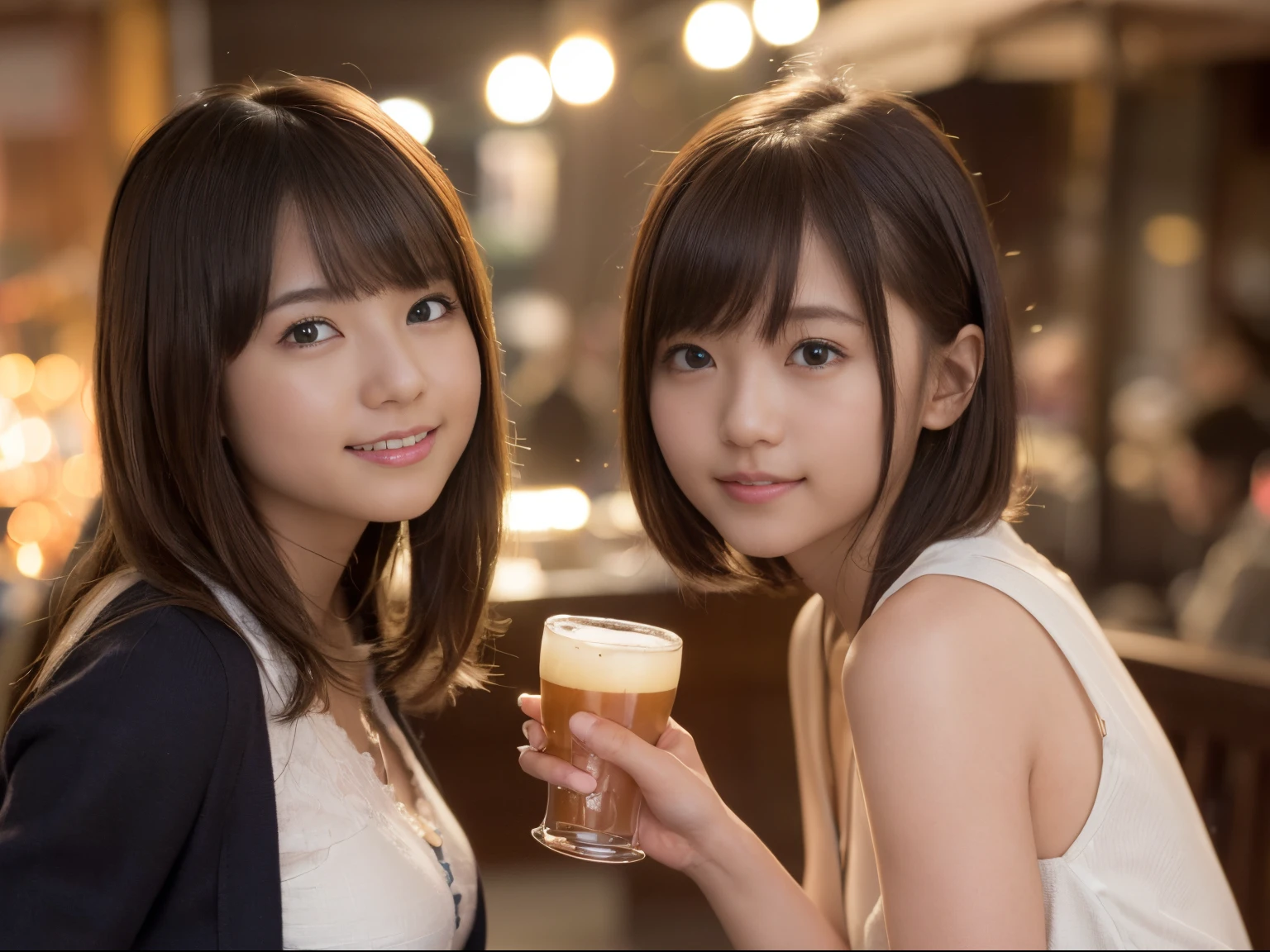 (8K、Raw photography、top-quality、​masterpiece:1.2)、(realisitic、Photorealsitic:1.37)、ultra-detailliert、
1 girl in、cute little、独奏、Beautiful detailed sky、Detailed tavern、natta、date、(blush of the nose)、(A smile:1.1)、(Mouth closed)、tiny chest、seducting smile、Street corner at night、Neon Light Glow、profetional lighting、Sony A7R4、Zessie 50mm f1.8、Drink beer
Medium-breasted、Beautiful Detail Eye、Autumn outfit、a miniskirt、(short-hair:1.2)、Floating hair、A happy smile、Being drunk、20 years girl、OL Uniform

Rembrandt Lighting（Rembrandt lighting）