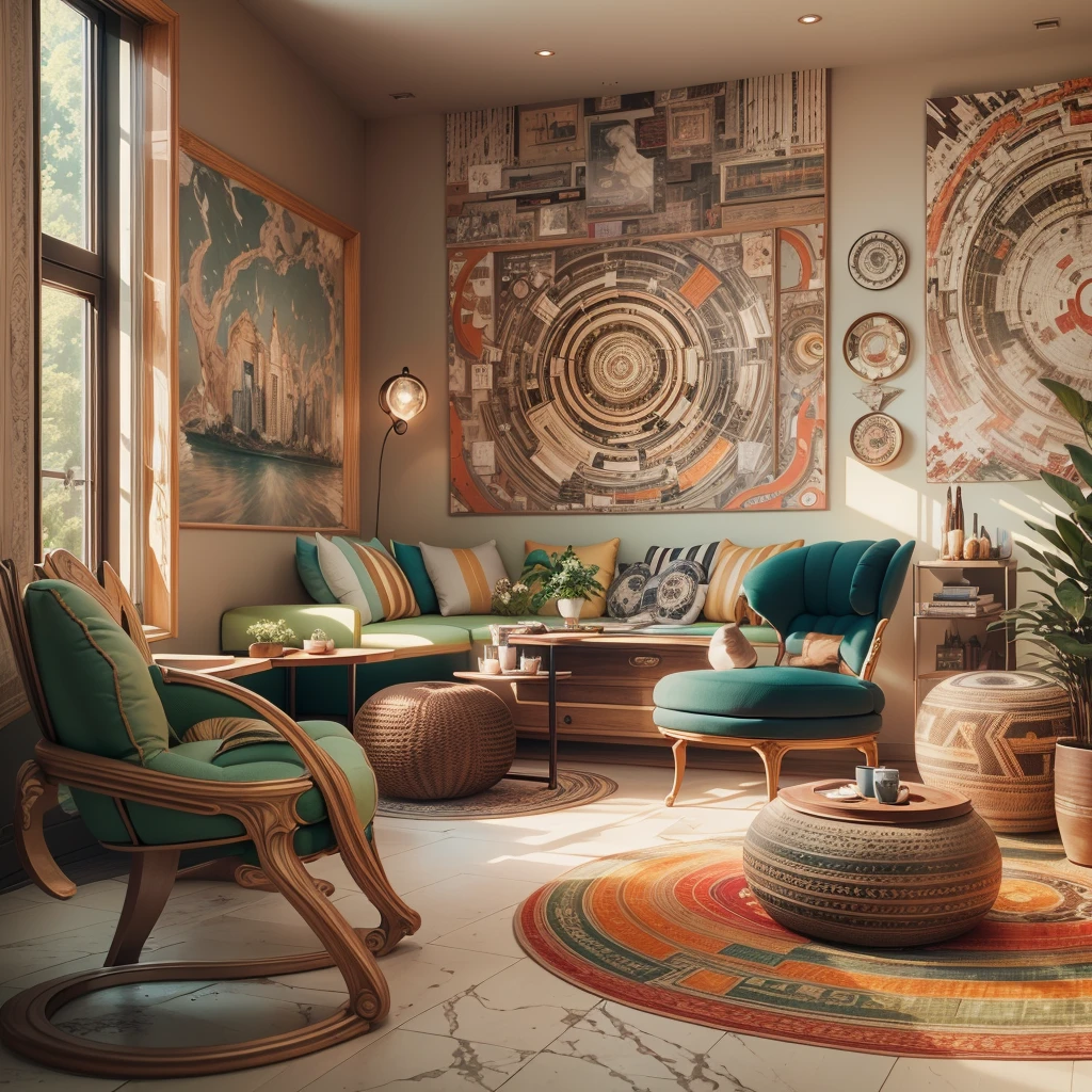 tribal style，Utopian，afofuturism，Postmodern，Spacious lounge style office photos，Inside the room，cozy environment，Modern furniture，sofe，Stylish design，Maximalism，natural  lightting，vivd colour，tribal pattern，Abstract artwork，floor to ceiling window，in a panoramic view，Ergonomic chair，clean linework，Comfortable seating，Plants and greenery，textured walls、Mosaic floor、contemporary art installation、tribal sculpture、organic shapes、Creative atmosphere、State-of-the-art technology、relaxing atmosphere、Inspirational quotes on the wall、A space full of art，tranquil ambiance。(Best quality at best,4K,8K,A high resolution,tmasterpiece:1.2),ultra - detailed,(actual,realisticlying,Photorealistic:1.37)。