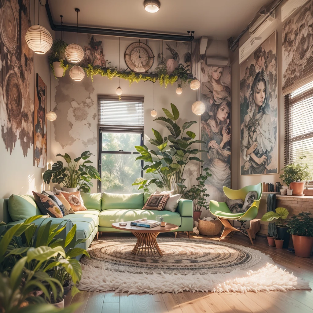 tribal style，Utopian，afofuturism，Postmodern，Spacious lounge style office photos，Inside the room，cozy environment，Modern furniture，sofe，Stylish design，Maximalism，natural  lightting，vivd colour，tribal pattern，Abstract artwork，floor to ceiling window，in a panoramic view，Ergonomic chair，clean linework，Comfortable seating，Plants and greenery，textured walls、Mosaic floor、contemporary art installation、tribal sculpture、organic shapes、Creative atmosphere、State-of-the-art technology、relaxing atmosphere、Inspirational quotes on the wall、A space full of art，tranquil ambiance。(Best quality at best,4K,8K,A high resolution,tmasterpiece:1.2),ultra - detailed,(actual,realisticlying,Photorealistic:1.37)。