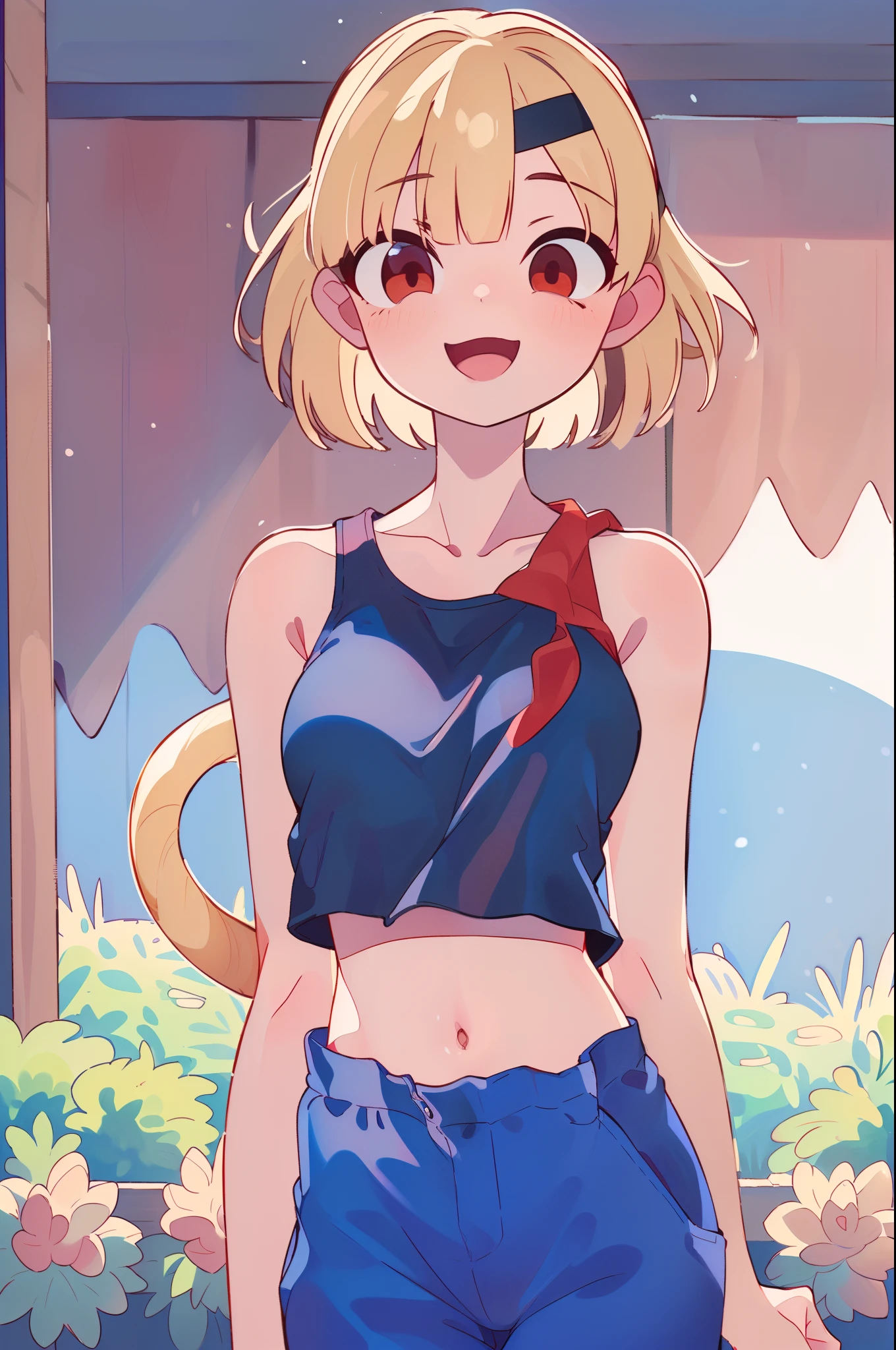 top-quality、Top image quality、​masterpiece、girl with((18year old、Blue navel tank top、Military pants、Best Bust、Bust 90、Blonde Away Tail、Red Eyes、open chest wide、Valley、Happiness、A slender、ssmile、black bandana` Nightdress, Areola_slip, bandaid