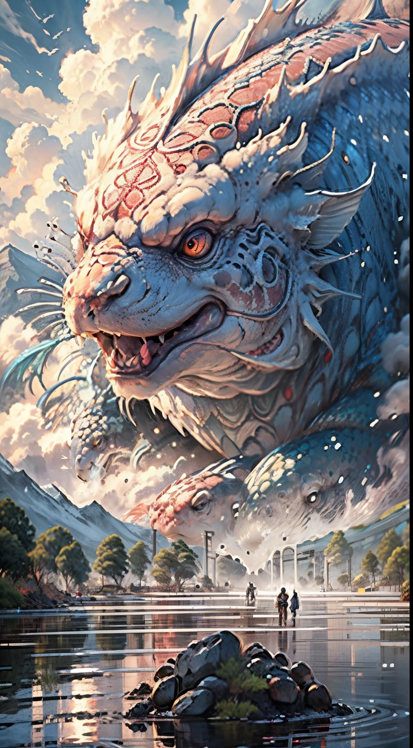 Color ink style ,Kiyohiko Higashi,Win the fish,Illustration of winning fish, floods inundated the city,Outcome, full bodyesbian, shadowing, Flooded villages, winged, Beautiful creatures, Unconquerable nature, Sparkling scales, mistic, disrupt, Weird gaze, In the facial features,Mountain and Sea Sutra,Detailed CG, Concept Art of Game, first person perspective, Outcome, wide wide shot, extreme panoramic, Very low viewing angle