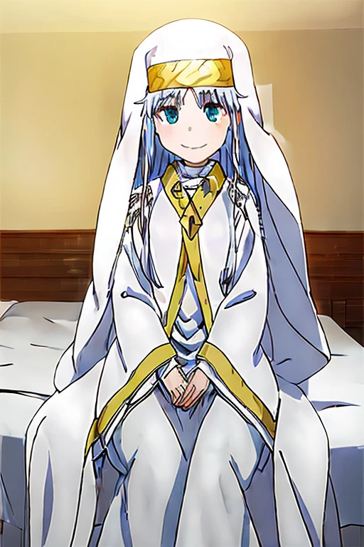 masterpiece, 1girl in, index \(A Certain Magic Index\), Longer dress, silber hair, veils, sitting on, cute little, a smile, bedroom, 发光, animesque, ighly detailed,Dining