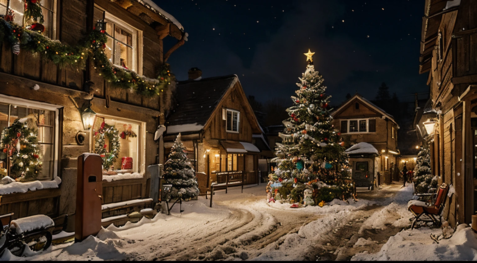 A painting depicting Christmas in a village, with lots of colored lights and snow, a Christmas tree all beautiful and decorated and sitting in a chair among children is Santa Claus