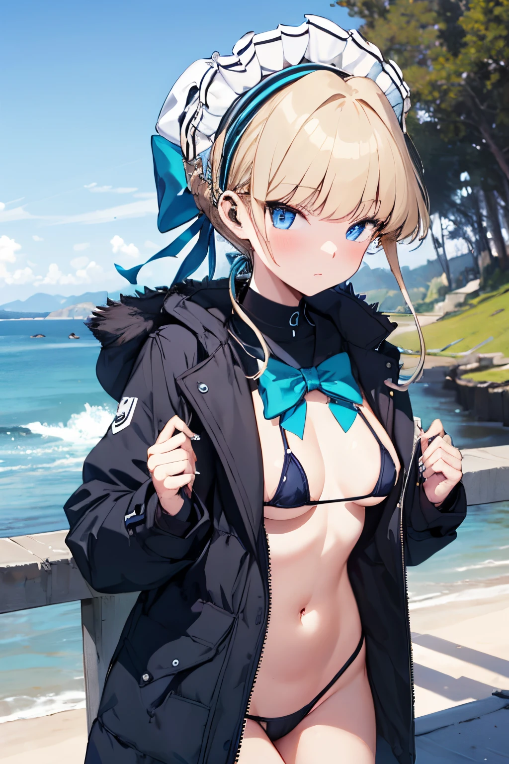 (​masterpiece、top-quality:1.2), Winter coast, Front view,cowboy  shot, 独奏, 1girl in,Maids, deadpan, a closed mouth, blonde  hair, Maid headdress, blue eyess, blue bow, half undress, Undressing, Black long coat, Micro Bikini, embarrassed, public indecency