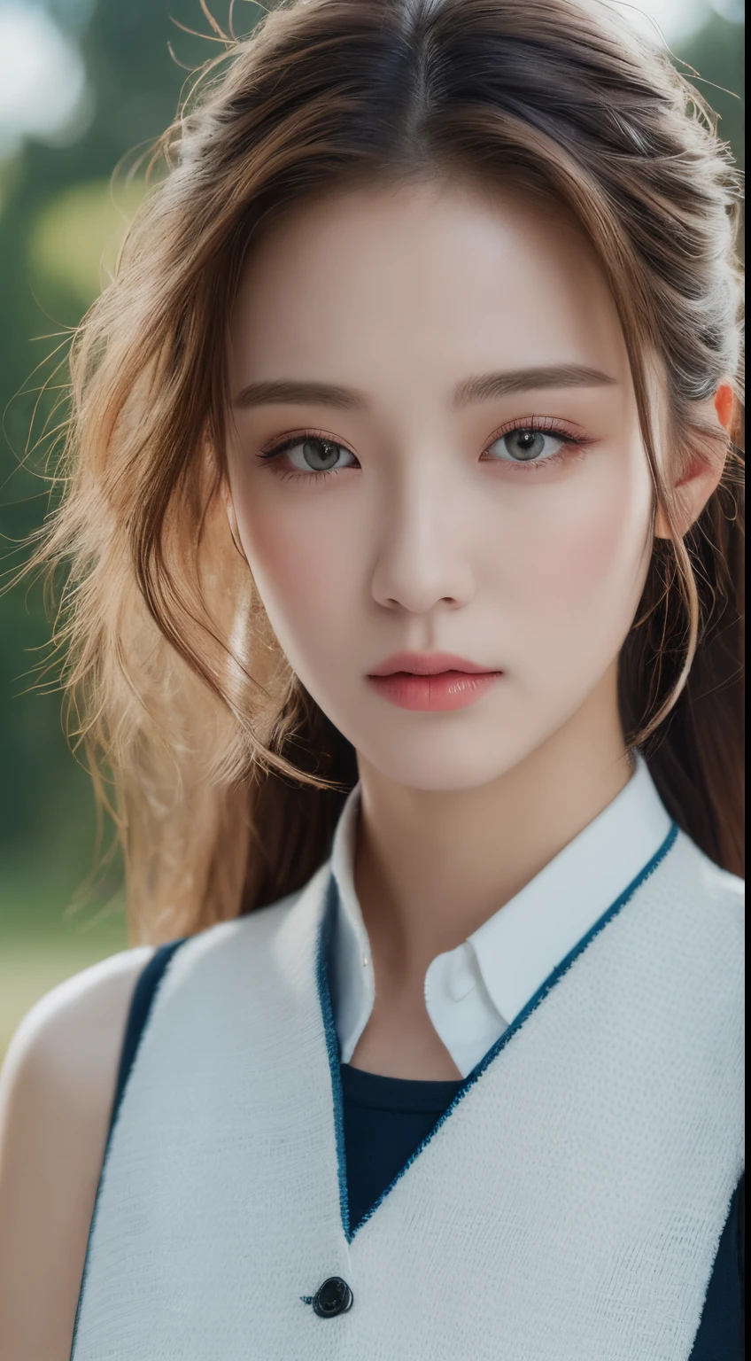((Best Quality, 8K, Masterpiece: 1.3)), 1 Girl, Beautiful Woman with Emphasis on Slim Abs: 1.3, (Random Hairstyle: 1.2), Oversized Vest: 1.2, Ultra-detailed face, Detailed eyes, Double eyelids,