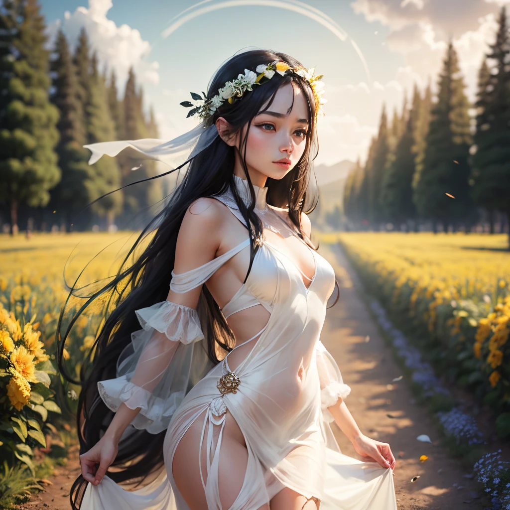 sexy girl in a short transparent white dress, with a wreath on his head, long black hair, walking through a flower field, letho, sun transparent sky - --auto --s2