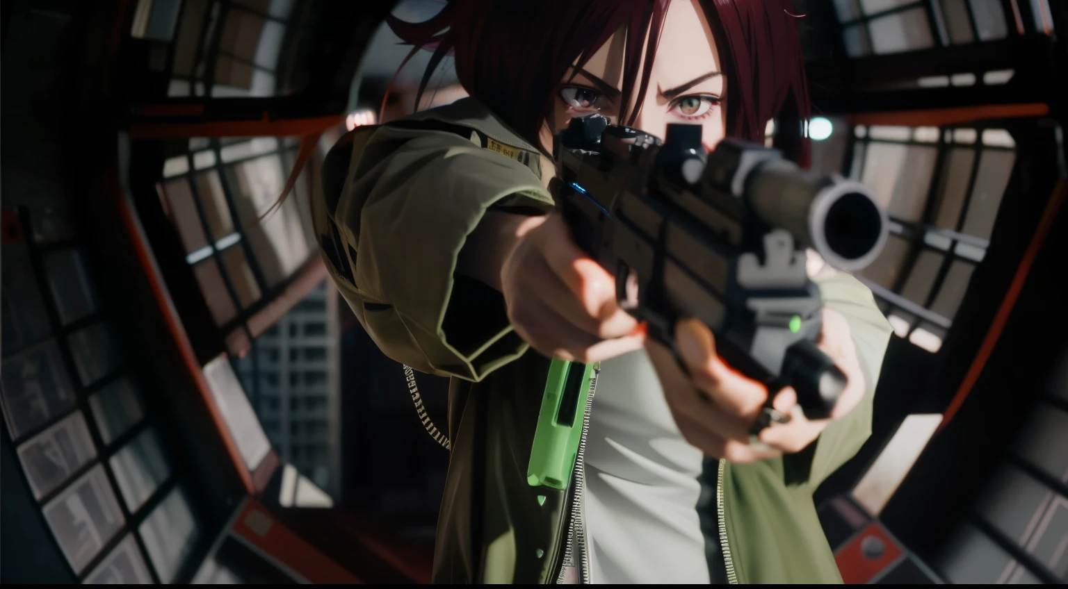 anime girl with gun pointing at viewer with text that reads i twilight, anime machine gun fire, sharp high quality anime, anime shot, revy black lagoon, anime bullet vfx, cowboy bebop anime style, badass anime 8 k, psycho pass, 2 0 1 9 anime screenshot, he has a pistol!!, in a anime masterpiece, ultra-detailed. anime