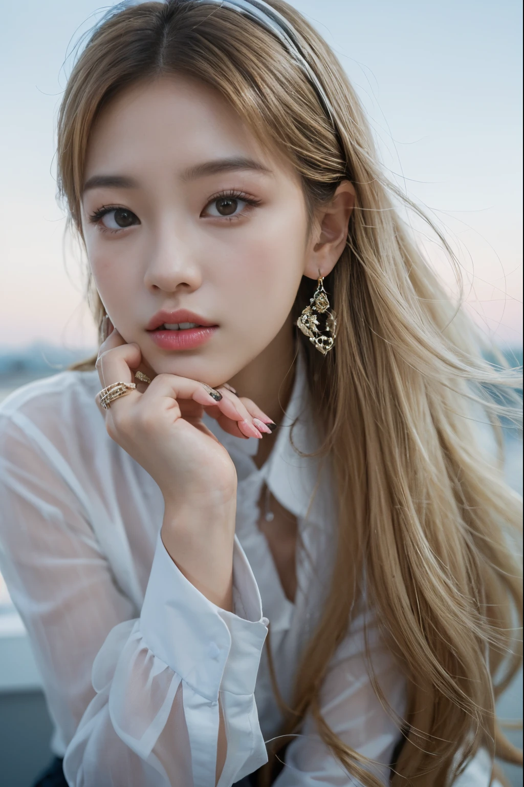 Blonde girl with earrings and white shirt posing for a photo, portrait of jossi of blackpink, captured on canon eos r 6, jaeyeon nam, roseanne park of blackpink, jossi of blackpink, sha xi, jimin, Jinyoung Shin, photographed in a Canon EOS R5, shot with Canon EOS R 5, taejune kim, Portrait of female Korean idol