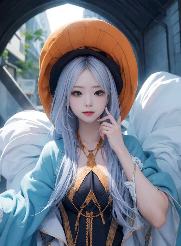 Long orange hair，Nice face，Blue suspender bikini，Heterochromatic pupil，ssmile，apathy，比基尼，Full body photo，the soft light，large hat