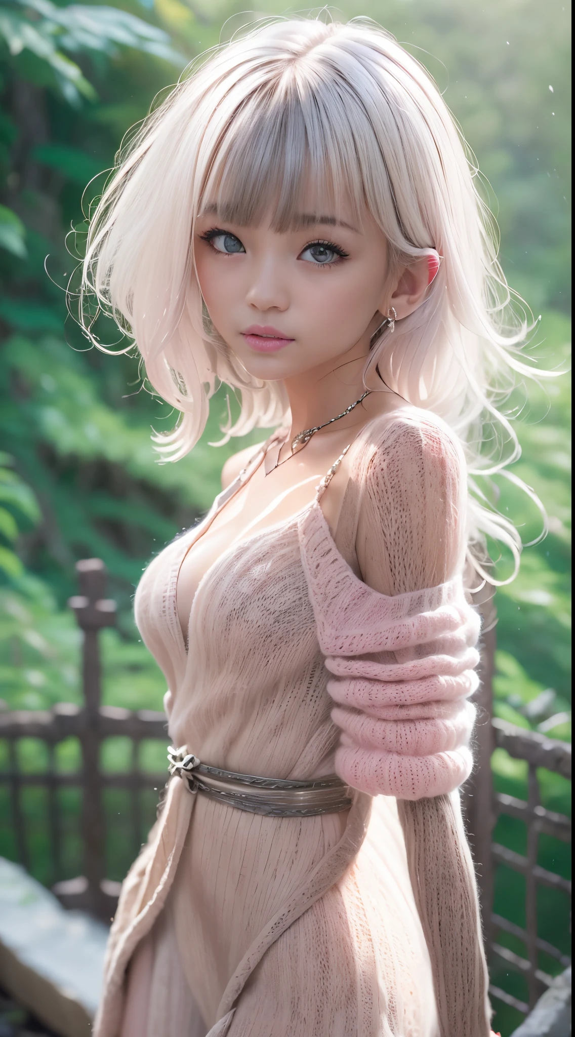 (Off_Shoulder:1) , (Pale pink knitted dress:1.3), Full body, cleavage, (A Japanese Lady), Short hair, Smile, Looking at Viewer, in snow mountain, Twilight rays, SIGMA 85 mm F/1.4, (masuter piece), (Low contrast:1.1), (highlydetailed skin), (very detailed lips), (Best Quality:1.0), (超A high resolution:1.0) ,(photographrealistic:1.2), (ultra-detailliert:1.0), (8k RAW photo:1.1), looking at the viewers, Sexy Pose,Long straight hair、Silver hair、Bangs pink silver hair,Dark skin、Brown skin、strongly tanned skin、Gal style necklace、Gal style bracelet、Gal Style Accessories