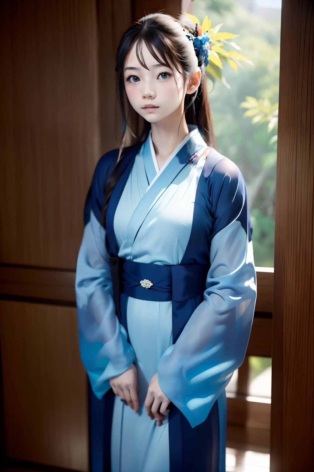 (((horizon blue world:1.3)))、Best Quality, masutepiece, High resolution, (((1girl in))), sixteen years old,(((i am horizon blue:1.3)))、horizon blue kimono、 Tindall Effect, Realistic, Shadow Studio,Ultramarine Lighting, dual-tone lighting, (High Detail Skins: 1.2)、Pale colored lighting、Dark lighting、 Digital SLR, Photo, High resolution, 4K, 8K, Background blur,Fade out beautifully、horizon blue world