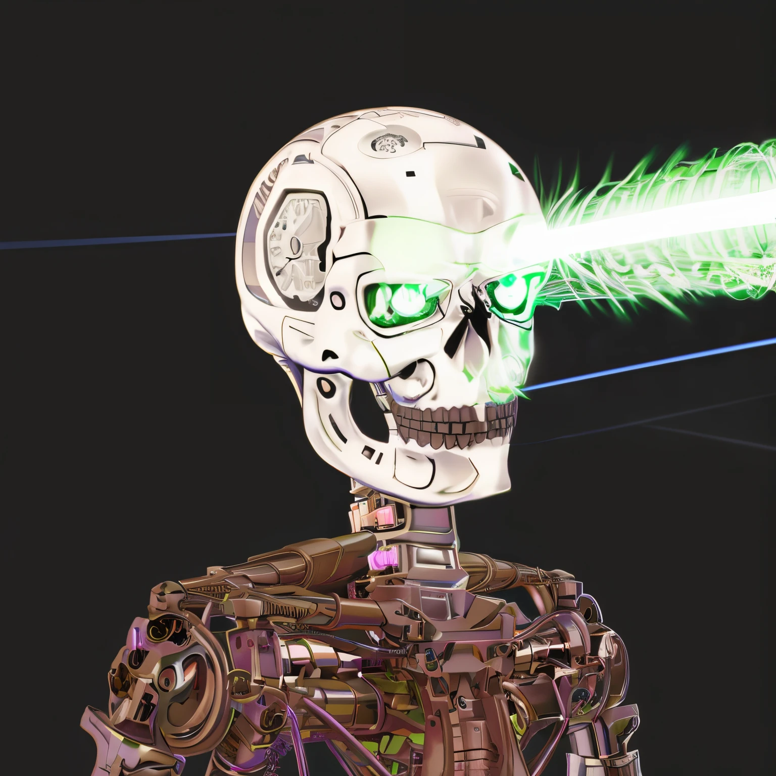 cartoon skeleton with green smoke coming out of his mouth, portrait of a hipster skeletor, lasers shooting out of eyes, detailed glowing head, skeleton with eyes, laser eye, funny weird illustration, glowing laser beam eyes, laser beam eyes, the head of the man is a skull, portrait of a cyber skeleton, scary detailed art in color, stoner eyes