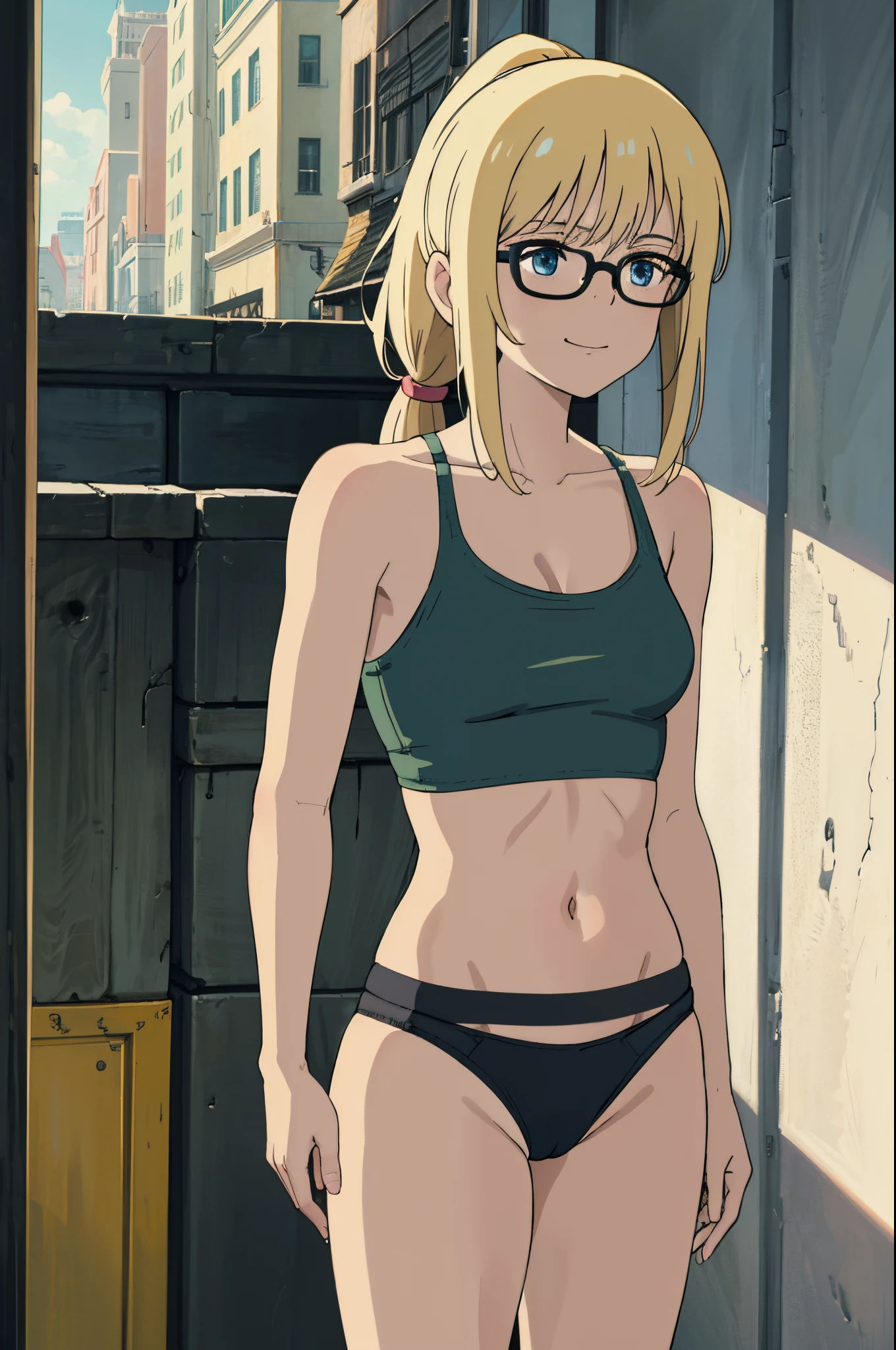 blonde woman with straight hair and bangs, wearing glasses, 1girl, solo, hair in a ponytail, 21 years old, no makeup, soft face, sweet smile, back view, small mouth closed, medium boobs, blue eyes, realistic photo, in street, high pov, looking down, green bra, cleavage, midriff, g string panties, thong panties,
