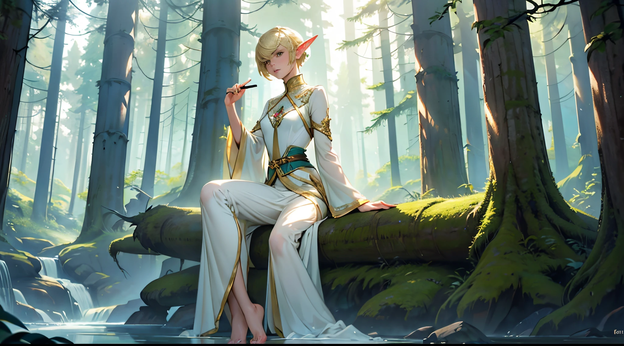 PC Wallpapers、(top-quality、​masterpiece：1.3）、masuter piece、A hyper-realistic、A detailed face、Elven Girl、blonde pixie cut、long pointed ears、slender and elegant body、Transparent skin、Excellent good looks、Elegant and confident look、Elegant and elegant look、ancient elf costume、Forest in harmony with nature、watercolor paiting、