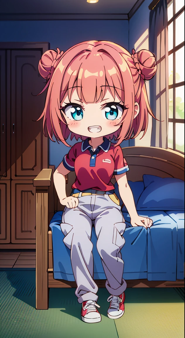 (masutepiece, Best Quality, Perfect Anatomy, High quality:1.4), nice hand, Perfect hands, Detailed beautiful hands, Large_filesize, fulcolor, hight resolution, symmetric, exceptional, Best aesthetic, newest, Anime, very beautiful detailed body,The hair,faces,The eye, (Chibi, Full body:1.6), BREAK,
( girl), 1 beautiful girl, (Cute:1.5), (Chibi: 0.8), (kawaii: 1.5), (Lori: 0.5), (17 years oldK(Red hair, short-hair,2 hair buns,Blunt bangs:1.4),(:D,grin:1.3),{Heterochromia,pale blue eyes,pale green eyes, Eye Highlights,The first hyperfine stars:1.5},star eye silhouette,(long eyelashes, Double eyelids:1.2),(de pele branca),BREAK,Clear skin,Beautiful skin, ,(best quality face),(Top quality glowing eyes),(The best smile,:D:1.45), BREAK (Pink Theme:1.4),
((caregiver theme:1.4)), (Black chinos:1.4), (red polo shirt:1.4),(Black sneakers:1.35),
BREAK,(morning), inside in room,Gothic bedroom, a canopy bed,huge window,naked girl poster,coke,on back, tusk, Open mouth, Looking away,depth of fields,
BREAK,wakame,wakame,wakame,(Cowboy Shot:1.4),
BREAK,(Blurry background:1.3),(absurderes, hight resolution, Super Detail Art),cel shading,Clear Color, Lonely optical effect, Beautiful pictures, Bright glow, mystic atmosphere,(Close-up of girl:1.1), Mystical light particle effect,manga influence, clean line drawings,