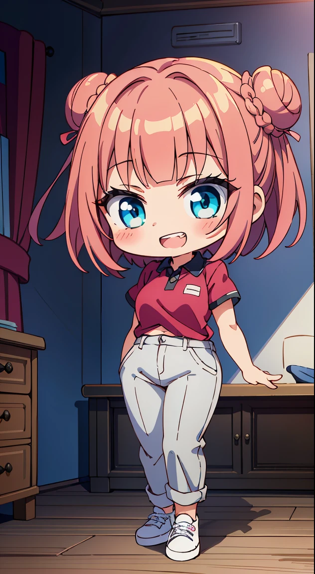 (masutepiece, Best Quality, Perfect Anatomy, High quality:1.4), nice hand, Perfect hands, Detailed beautiful hands, Large_filesize, fulcolor, hight resolution, symmetric, exceptional, Best aesthetic, newest, Anime, very beautiful detailed body,The hair,faces,The eye, (Chibi, Full body:1.6), BREAK,
( girl), 1 beautiful girl, (Cute:1.5), (Chibi: 0.8), (kawaii: 1.5), (Lori: 0.5), (17 years oldK(Red hair, short-hair,2 hair buns,Blunt bangs:1.4),(:D,grin:1.3),{Heterochromia,pale blue eyes,pale green eyes, Eye Highlights,The first hyperfine stars:1.5},star eye silhouette,(long eyelashes, Double eyelids:1.2),(de pele branca),BREAK,Clear skin,Beautiful skin, ,(best quality face),(Top quality glowing eyes),(The best smile,:D:1.45), BREAK (Pink Theme:1.4),
((caregiver theme:1.4)), (Black chinos:1.4), (red polo shirt:1.4),(Black sneakers:1.35),
BREAK,(morning), inside in room,Gothic bedroom, a canopy bed,huge window,naked girl poster,coke,on back, tusk, Open mouth, Looking away,depth of fields,
BREAK,wakame,wakame,wakame,(Cowboy Shot:1.4),
BREAK,(Blurry background:1.3),(absurderes, hight resolution, Super Detail Art),cel shading,Clear Color, Lonely optical effect, Beautiful pictures, Bright glow, mystic atmosphere,(Close-up of girl:1.1), Mystical light particle effect,manga influence, clean line drawings,