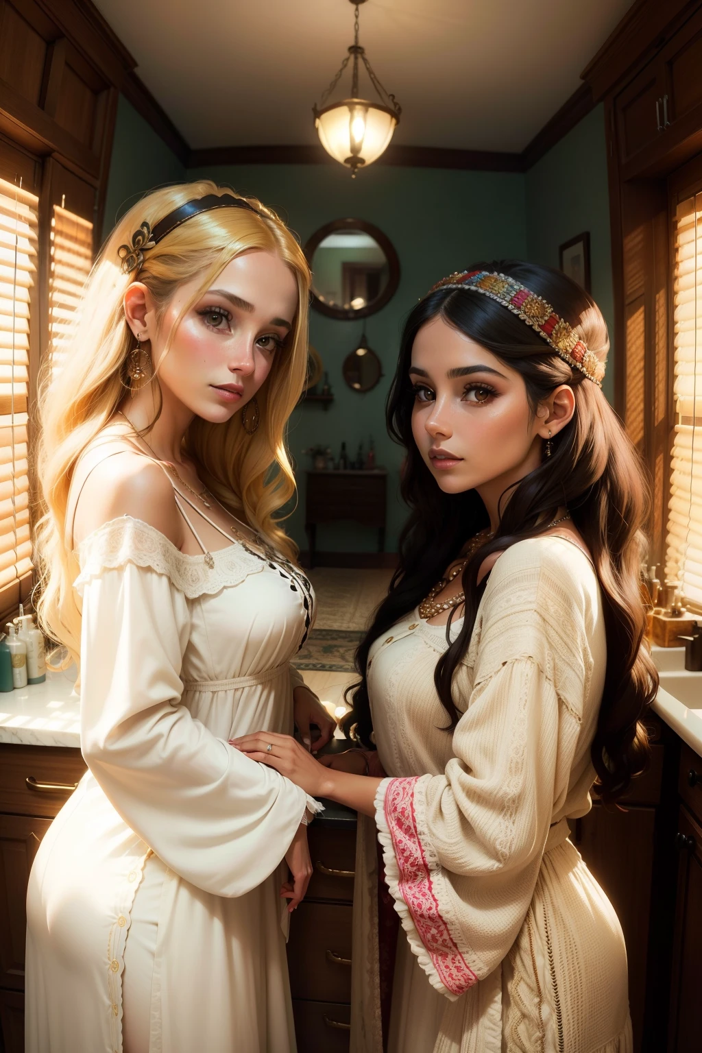 Estilo boho-chic. Una hermosa mujer ayuda a su hermosa hermana a maquillarse. They are in a room with a stunning vintage style vanity.front view, Look at the camera, Son mujeres que se visten de una manera moderna muy atractiva.. 2023.
