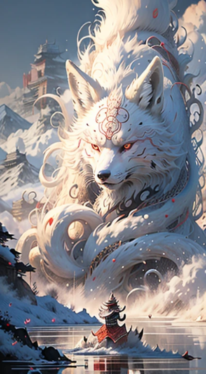 ink style,Chinese Nine-tailed fox, Beauty White fox, Nine tails, Enchantment, Mysterious, full body,Wu Guan Zhong,Wearing Tang Dynasty clothes,zhang ke chu ,zhang da qian,Qi Bai Shi ,Classic of Mountains and Seas