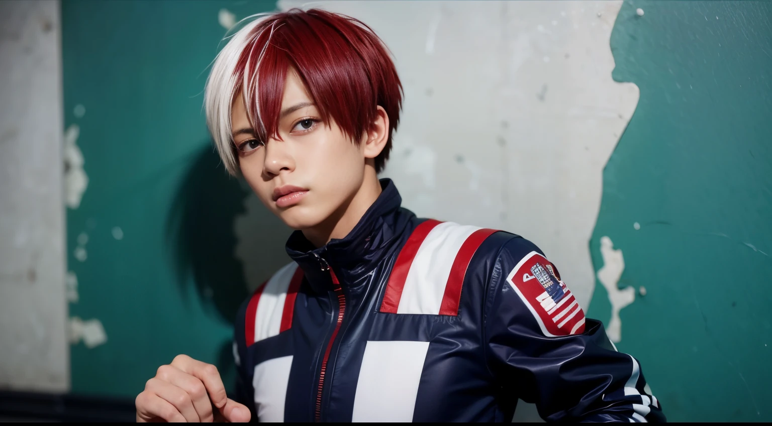 masterpiece, best quality, 1boy, solo, jacket top, paint splatter, arms behind back, against wall, looking at viewer, multicolored hair, aqua eyes, Shoto Todoroki , clear eyes, upper body, blue jacket, detailed eyes, detailed face