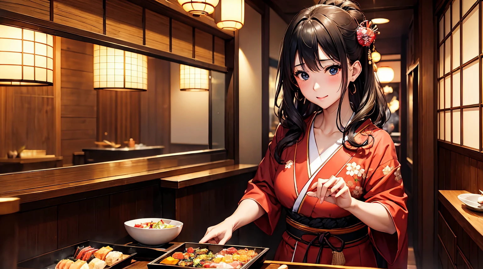 top-quality、masterpiece、UHD image quality、Perfect beauty、Kappo kimono、Japanese restaurant、Cooking、kitchin、There is a charcoal fire、And food、