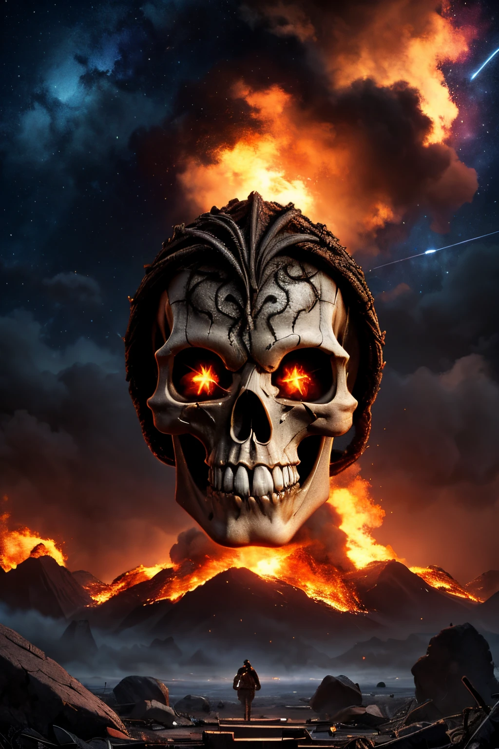 Ultra-detailed 16K resolution, Realistic Apocalypse with Astro Twist. The skull, reminiscent of a rock star, is featured in intricate detail against a backdrop of chaos. Smoke engulfs the scene, flames rage, and lightning illuminates the sky. The celestial elements integrated into the skull's design give it a cosmic, otherworldly vibe. This design captures the intensity of an apocalypse with a unique astro-rock aesthetic((best quality)), ((master part)), (circunstanciado),