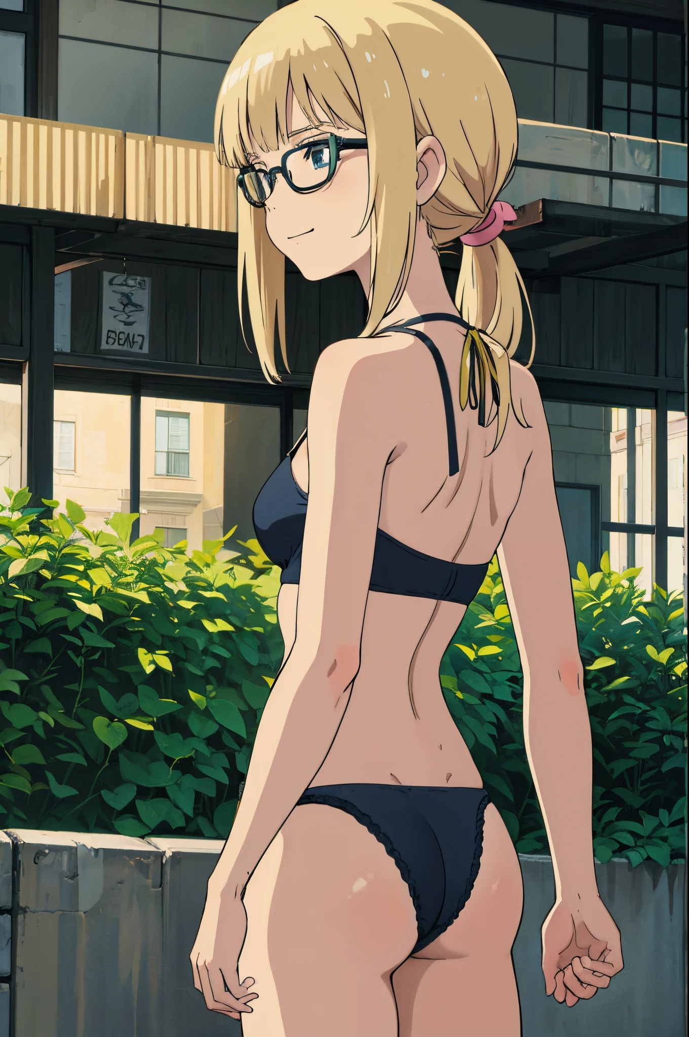 blonde woman with straight hair and bangs, wearing glasses, 1girl, solo, hair in a ponytail, 21 years old, no makeup, soft face, sweet smile, back view, small mouth closed, medium , blue eyes, realistic photo, in street, high pov, looking down, green bra, cleavriff, g string panties, thones,