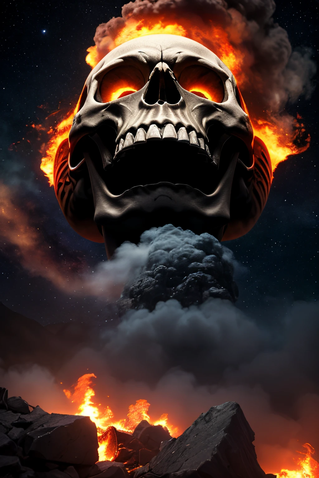 Ultra-detailed 16K resolution, Realistic Apocalypse with Astro Twist. The skull, reminiscent of a rock star, is featured in intricate detail against a backdrop of chaos. Smoke engulfs the scene, flames rage, and lightning illuminates the sky. The celestial elements integrated into the skull's design give it a cosmic, otherworldly vibe. This design captures the intensity of an apocalypse with a unique astro-rock aesthetic((best quality)), ((master part)), (circunstanciado),