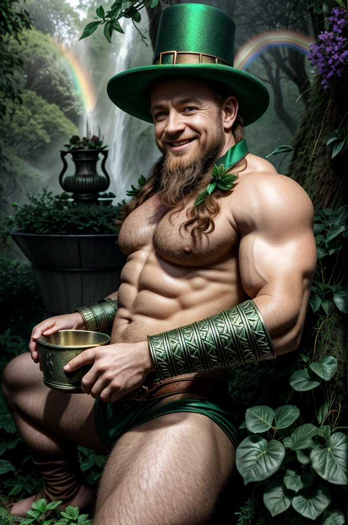 A portrait of a leprechaun belissimo, ((leprechun)) male face, (( without shirt)), (( looking for camera), (( Man full body of 18 years)),, charming and sexy, Friendly and mischievous, (( Green cardboard with a four-leaf trevo spotted on the edge)), Bobo, beard and smile, (( Rainbow and the Pot of Gold) ), ((magical creatures)), (SPIRITS, Fairies, Leprechaum) )), ((Legends of Fairy)), Villanious, Homen Hot whole hot body, ((sculptural body, large and strong chest, muscular legs, various positions)), Background Celtic Magic Forest, Frank Kelly Freas, Karol Bak's style (( beautiful face), ((beautiful face)),)) Ultra Definition, best quality, ultra 32k, ultra hd
