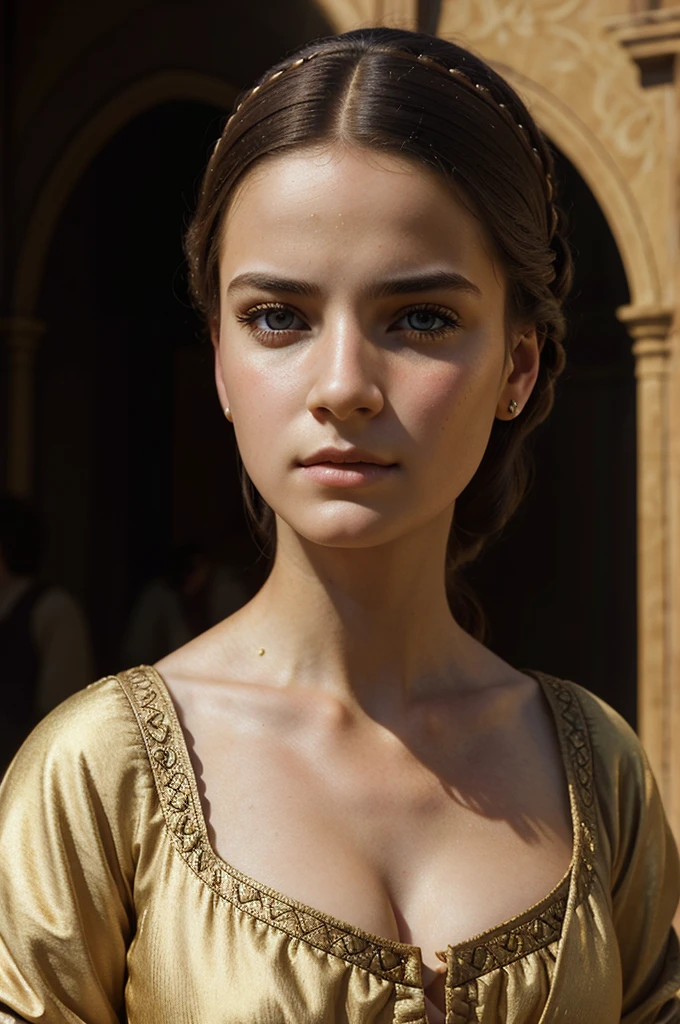 portrait of young woman in Renaissance era costume, street background, serious look, perfect detailed symmetric eyes, detailed gorgeous face, dreamlike view, extremely realistic, intricate artwork, station art, by Rafael Umbrias, octane render, remrand light, post processing, perfect composition, oil painting, cinematic realism, masterpiece, sharp focus, 8k