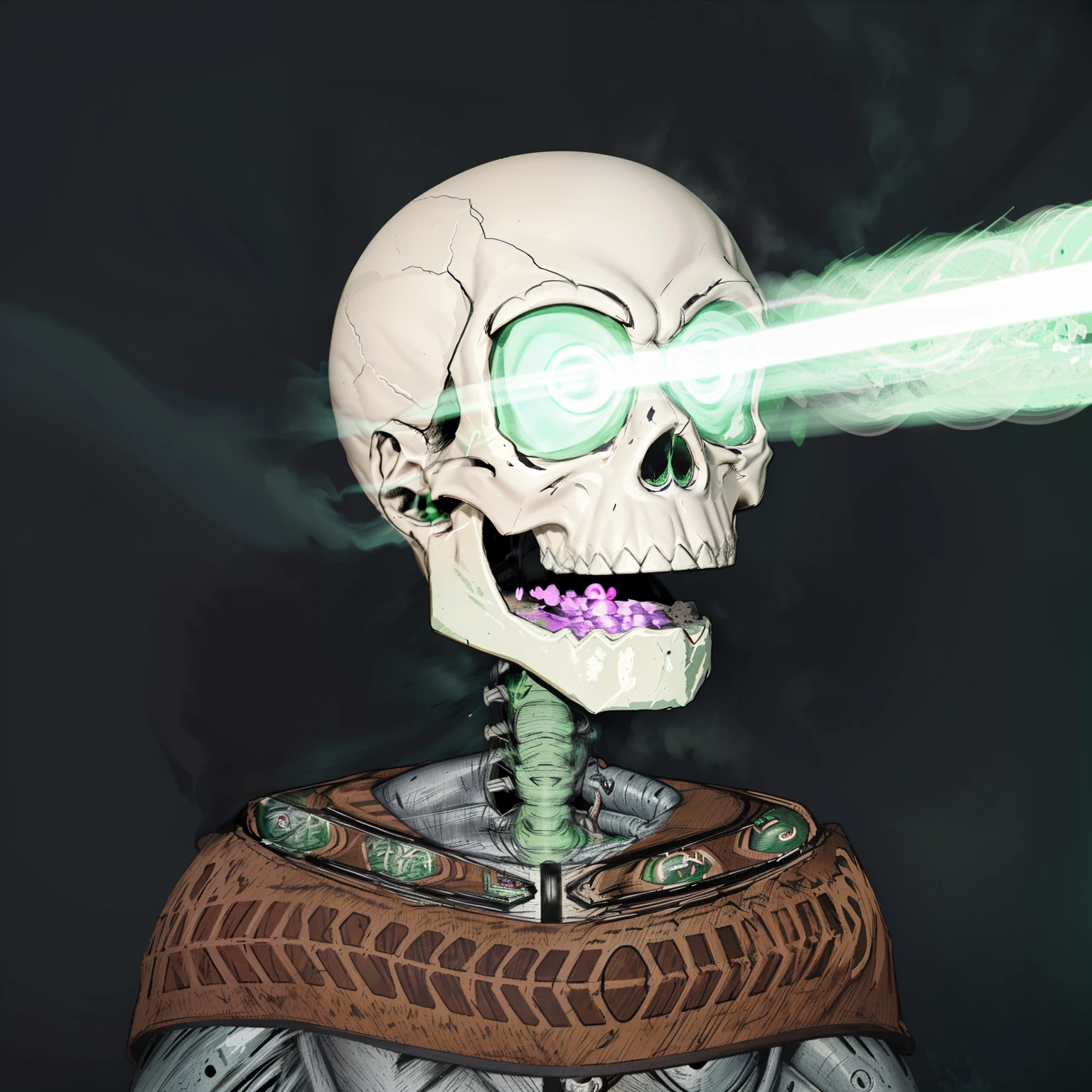 cartoon skeleton with green smoke coming out of his mouth, portrait of a hipster skeletor, lasers shooting out of eyes, detailed glowing head, skeleton with eyes, laser eye, funny weird illustration, glowing laser beam eyes, laser beam eyes, the head of the man is a skull, portrait of a cyber skeleton, scary detailed art in color, stoner eyes