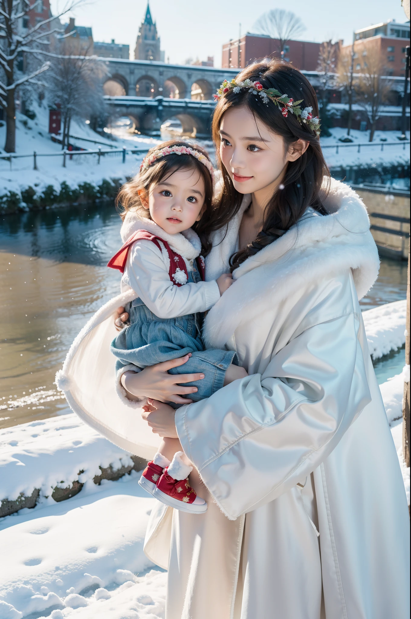 There was a woman and a , woman,Wearing a garland of children and teenagers, Wearing a garland was filmed with the Canon EOS 5 D Mark IV, with a child, Background with(River side、wintertime),snowScape